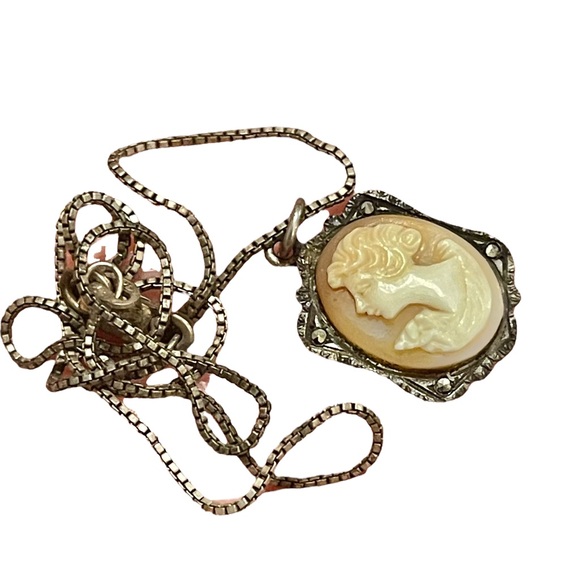 Antique 800 sterling silver shell cameo marcasite necklace Marcasite - Picture 4 of 12
